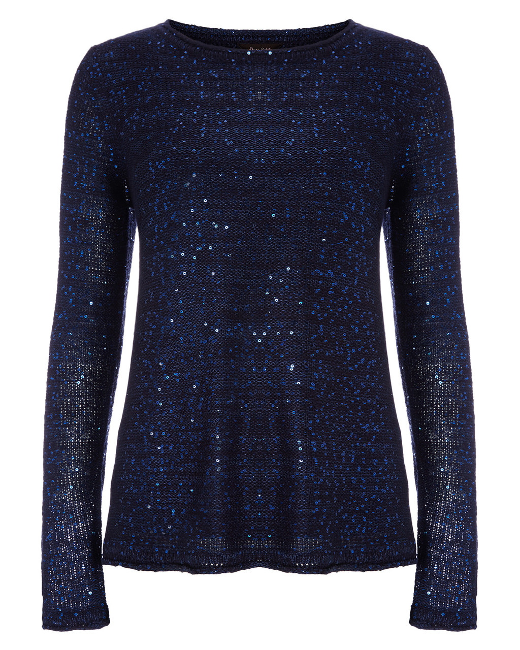 Aisha Sequin Split Back Knit - pattern: plain; style: standard; predominant colour: navy; occasions: casual, creative work; length: standard; fit: standard fit; neckline: crew; sleeve length: long sleeve; sleeve style: standard; texture group: knits/crochet; pattern type: knitted - fine stitch; embellishment: sequins; season: a/w 2015