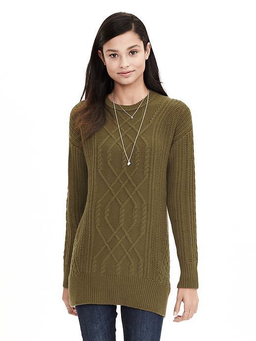 Todd & Duncan Cable Knit Cashmere Tunic Green - neckline: round neck; style: tunic; pattern: cable knit; predominant colour: khaki; occasions: casual, creative work; fit: standard fit; length: mid thigh; fibres: cashmere - 100%; sleeve length: long sleeve; sleeve style: standard; texture group: knits/crochet; pattern type: knitted - fine stitch; pattern size: light/subtle; season: a/w 2015; wardrobe: highlight