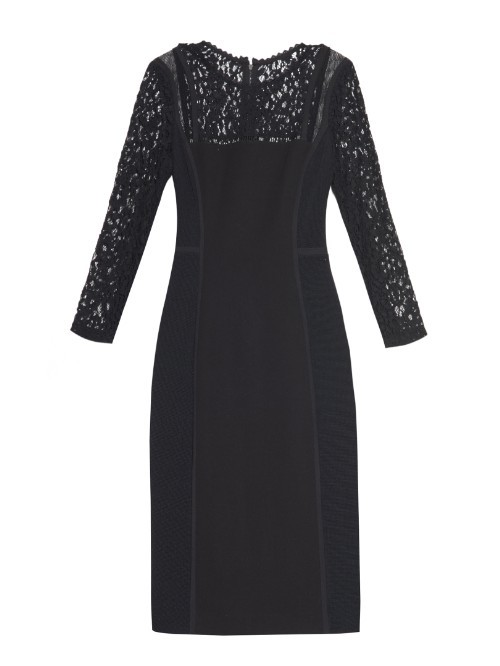 Lace Trimmed Pencil Dress - style: shift; fit: tailored/fitted; pattern: plain; shoulder detail: contrast pattern/fabric at shoulder; predominant colour: navy; occasions: evening, occasion; length: on the knee; neckline: crew; sleeve length: short sleeve; sleeve style: standard; pattern type: fabric; texture group: jersey - stretchy/drapey; embellishment: lace; season: a/w 2015