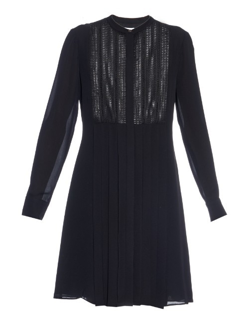 Lattice Lace Bib Pleated Silk Dress - style: tunic; length: mid thigh; pattern: plain; bust detail: ruching/gathering/draping/layers/pintuck pleats at bust; secondary colour: navy; predominant colour: black; occasions: casual, creative work; fit: soft a-line; neckline: collarstand; fibres: silk - 100%; sleeve length: long sleeve; sleeve style: standard; texture group: sheer fabrics/chiffon/organza etc.; pattern type: fabric; season: a/w 2015