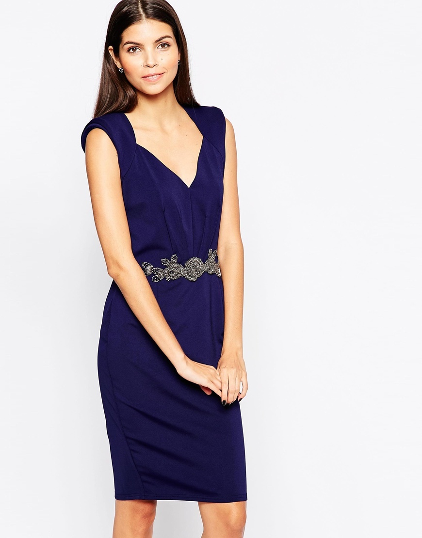 Bodycon Midi Dress With Embellished Waistband V Neck Navy - style: shift; neckline: low v-neck; sleeve style: sleeveless; predominant colour: royal blue; occasions: evening; length: just above the knee; sleeve length: sleeveless; season: a/w 2015