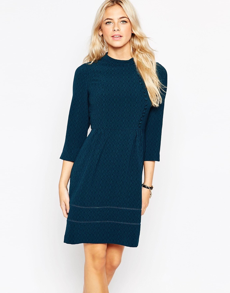 Victoriana Button Dress Green - style: shift; length: mid thigh; fit: fitted at waist; pattern: plain; predominant colour: teal; occasions: casual, creative work; fibres: polyester/polyamide - 100%; neckline: crew; sleeve length: 3/4 length; sleeve style: standard; pattern type: fabric; texture group: other - light to midweight; season: a/w 2015