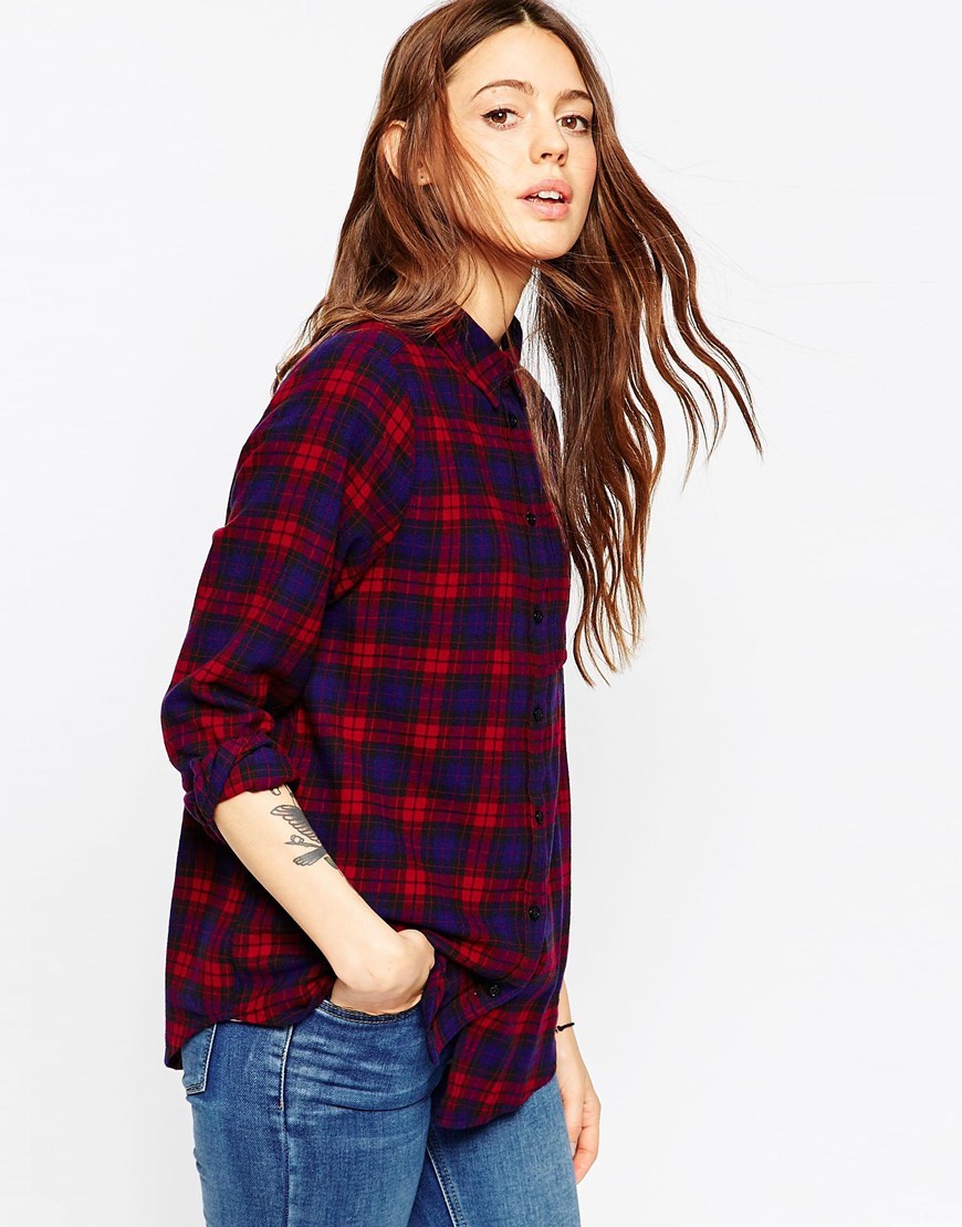 Boyfriend Shirt In Red And Purple Check Multi - neckline: shirt collar/peter pan/zip with opening; pattern: checked/gingham; style: shirt; secondary colour: true red; predominant colour: navy; occasions: casual; length: standard; fibres: cotton - 100%; fit: loose; sleeve length: 3/4 length; sleeve style: standard; texture group: cotton feel fabrics; pattern type: fabric; pattern size: standard; season: a/w 2015