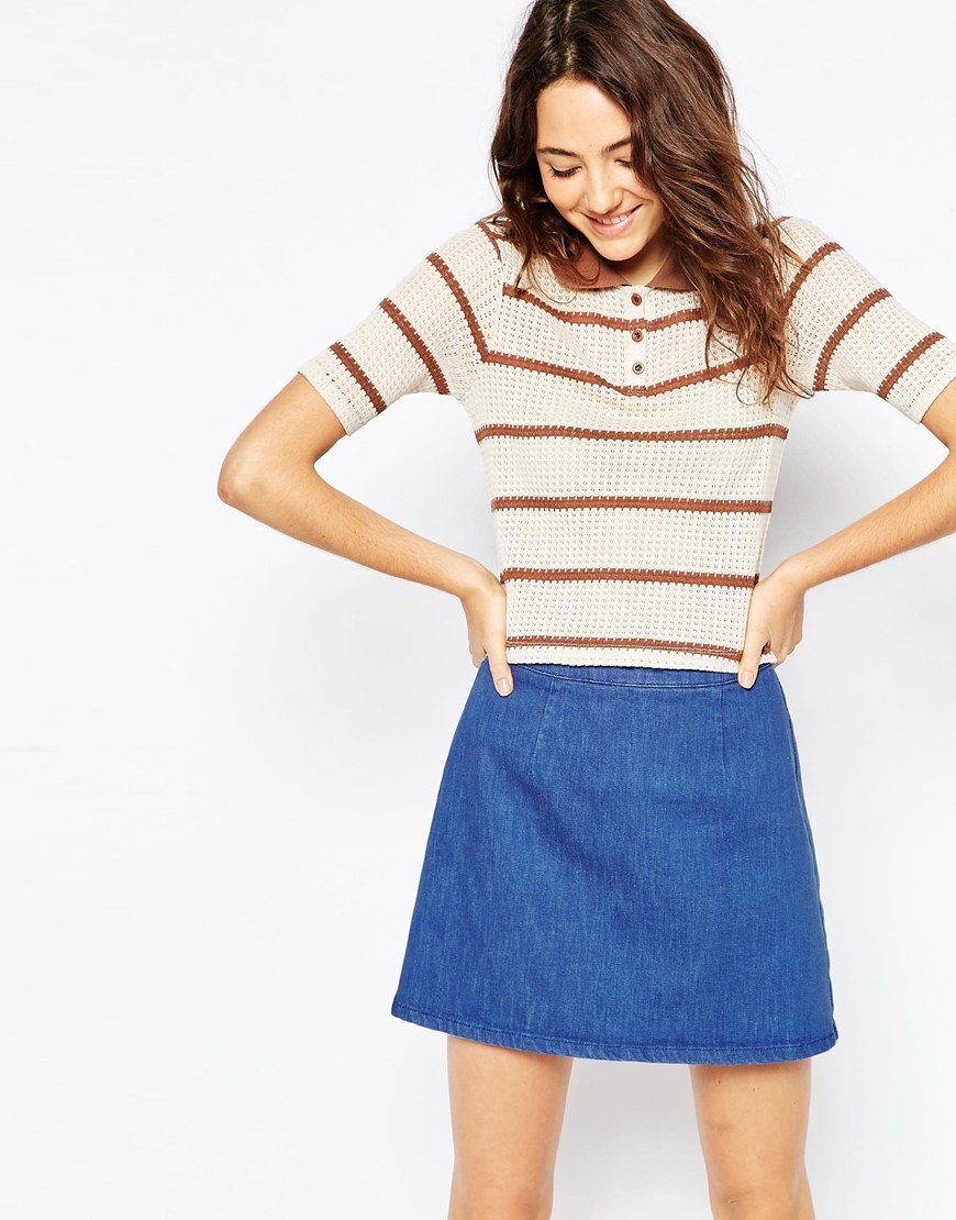 Polo Top In Knitted Stripe Multi - neckline: round neck; pattern: horizontal stripes; predominant colour: white; secondary colour: bright orange; occasions: casual; length: standard; style: top; fibres: polyester/polyamide - 100%; fit: body skimming; sleeve length: short sleeve; sleeve style: standard; texture group: knits/crochet; pattern type: fabric; season: a/w 2015