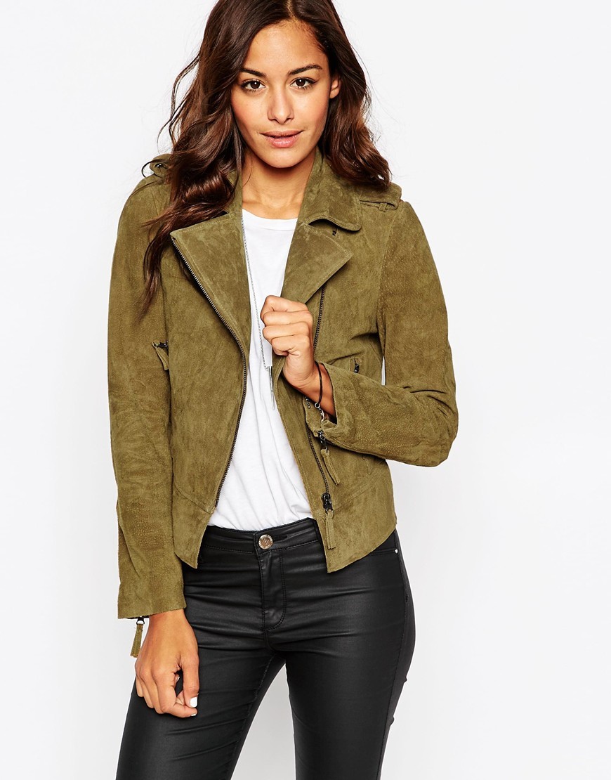 Suede Biker Jacket In Oil Wash Washed Khaki - pattern: plain; style: biker; collar: asymmetric biker; predominant colour: khaki; occasions: casual; length: standard; fit: tailored/fitted; sleeve length: long sleeve; sleeve style: standard; collar break: high; pattern type: fabric; texture group: suede; season: a/w 2015