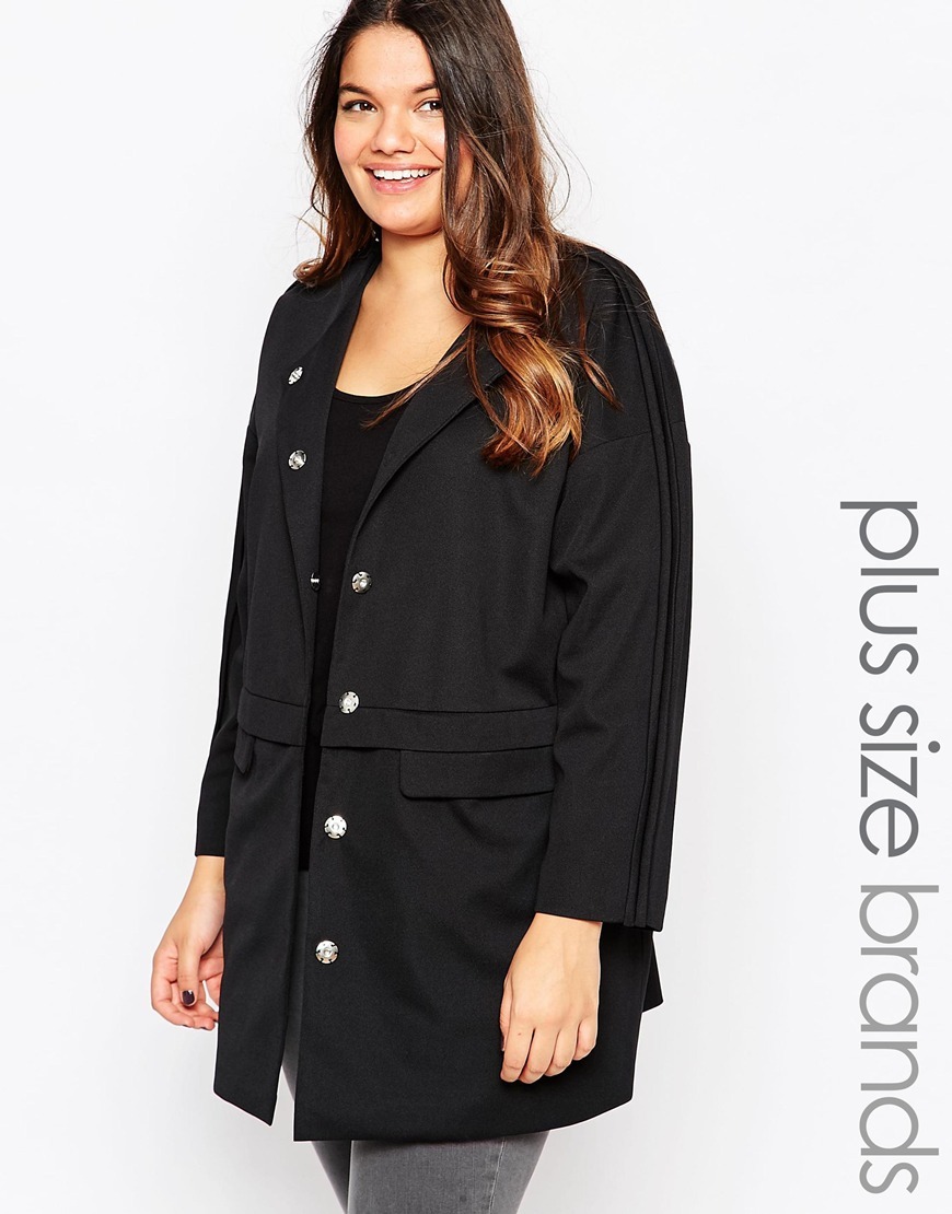 Plus Coat With Pocket Detail Black - pattern: plain; length: below the bottom; style: single breasted; collar: standard lapel/rever collar; predominant colour: black; occasions: casual, creative work; fit: straight cut (boxy); fibres: polyester/polyamide - 100%; hip detail: added detail/embellishment at hip; sleeve length: long sleeve; sleeve style: standard; collar break: medium; pattern type: fabric; texture group: other - light to midweight; season: a/w 2015