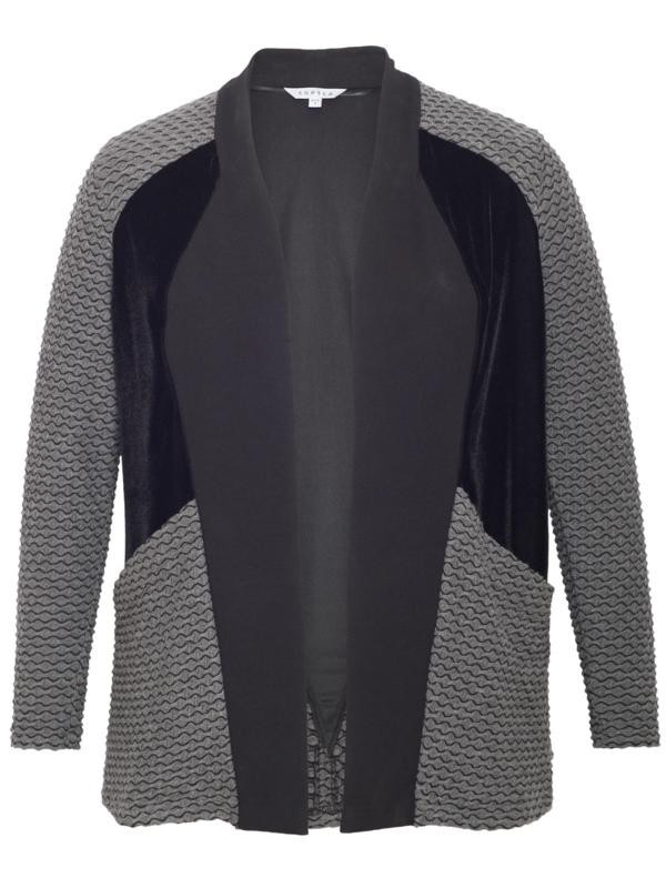 Black/Charcoal Mini Wavy Line & Velvet Trim Jersey Shrug - pattern: plain; neckline: shawl; style: open front; predominant colour: mid grey; secondary colour: black; occasions: casual, creative work; length: standard; fibres: cotton - mix; fit: standard fit; sleeve length: 3/4 length; sleeve style: standard; pattern type: fabric; texture group: jersey - stretchy/drapey; season: a/w 2015
