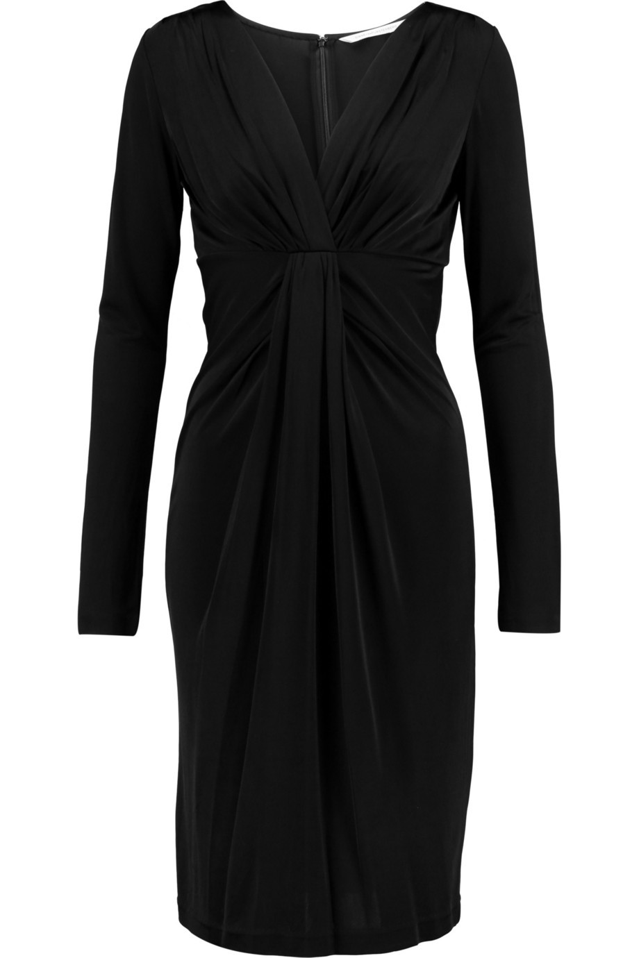 Draped Stretch Jersey Wrap Effect Dress Black - style: faux wrap/wrap; neckline: v-neck; pattern: plain; predominant colour: black; occasions: evening; length: on the knee; fit: body skimming; fibres: viscose/rayon - 100%; sleeve length: long sleeve; sleeve style: standard; pattern type: fabric; texture group: jersey - stretchy/drapey; season: a/w 2015
