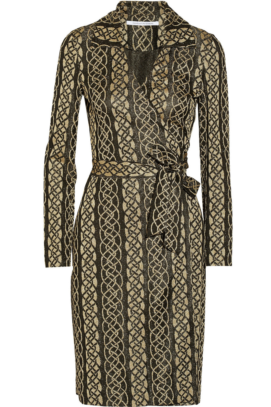 Dolores Metallic Knitted Wrap Dress Black - style: shift; neckline: low v-neck; waist detail: belted waist/tie at waist/drawstring; predominant colour: gold; secondary colour: black; occasions: evening; length: on the knee; fit: body skimming; sleeve length: long sleeve; sleeve style: standard; pattern type: knitted - other; pattern size: standard; pattern: patterned/print; texture group: jersey - stretchy/drapey; embellishment: glitter; season: a/w 2015