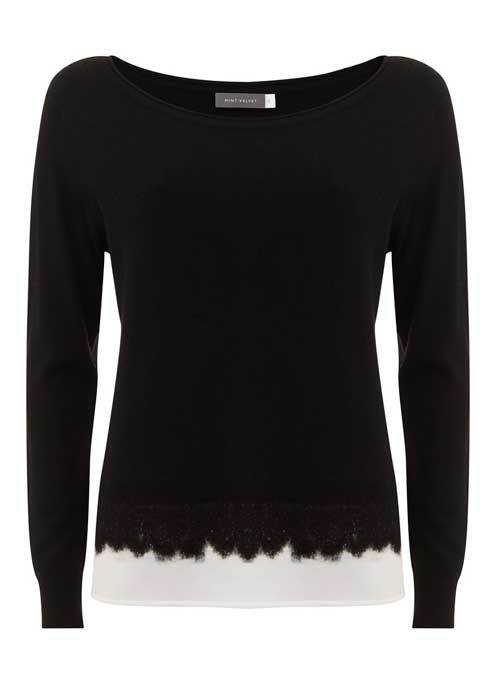 Black & Ivory Felt Hem Knit - neckline: slash/boat neckline; style: standard; secondary colour: ivory/cream; predominant colour: black; occasions: casual, creative work; length: standard; fibres: cotton - mix; fit: standard fit; sleeve length: long sleeve; sleeve style: standard; trends: monochrome; texture group: knits/crochet; pattern type: knitted - fine stitch; pattern size: standard; pattern: colourblock; season: a/w 2015