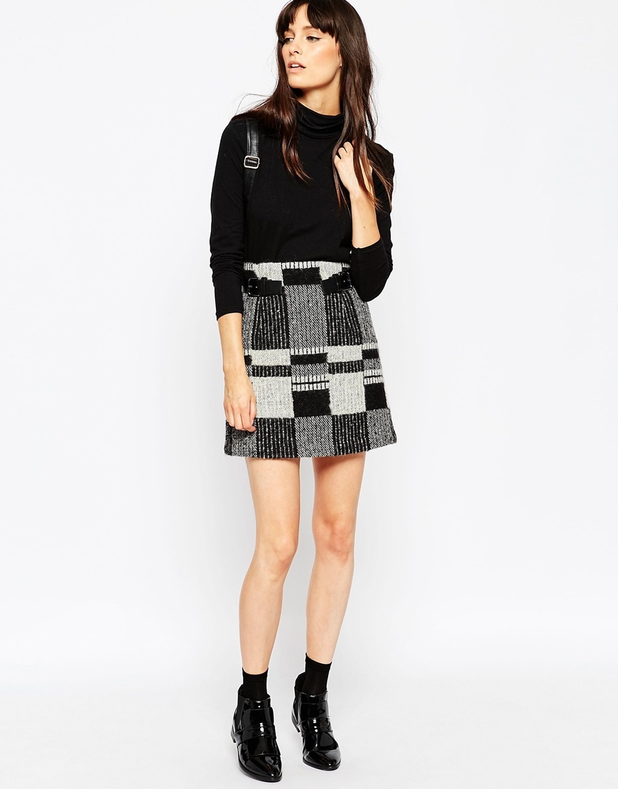 Mini Skirt In Wool Mix Check With Buckle Detail White/Black - length: mini; style: straight; fit: straight cut; texture group: woven light midweight; season: a/w 2015