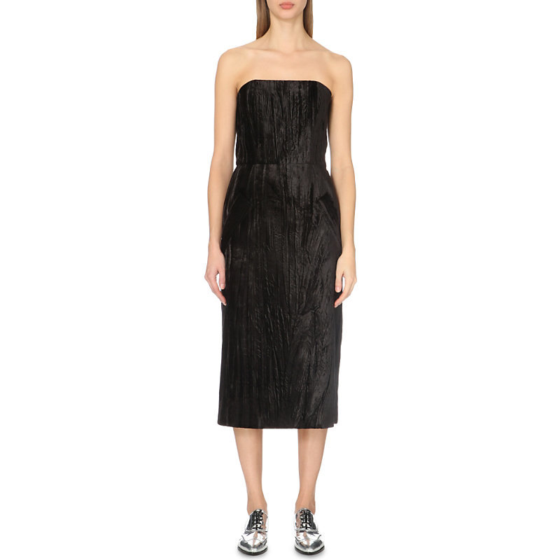 Mayall Velvet Midi Dress, Women's, Black - style: shift; length: below the knee; neckline: strapless (straight/sweetheart); fit: tailored/fitted; pattern: plain; sleeve style: sleeveless; predominant colour: black; occasions: evening; fibres: viscose/rayon - 100%; sleeve length: sleeveless; pattern type: fabric; texture group: velvet/fabrics with pile; season: a/w 2015; trends: romantic goth