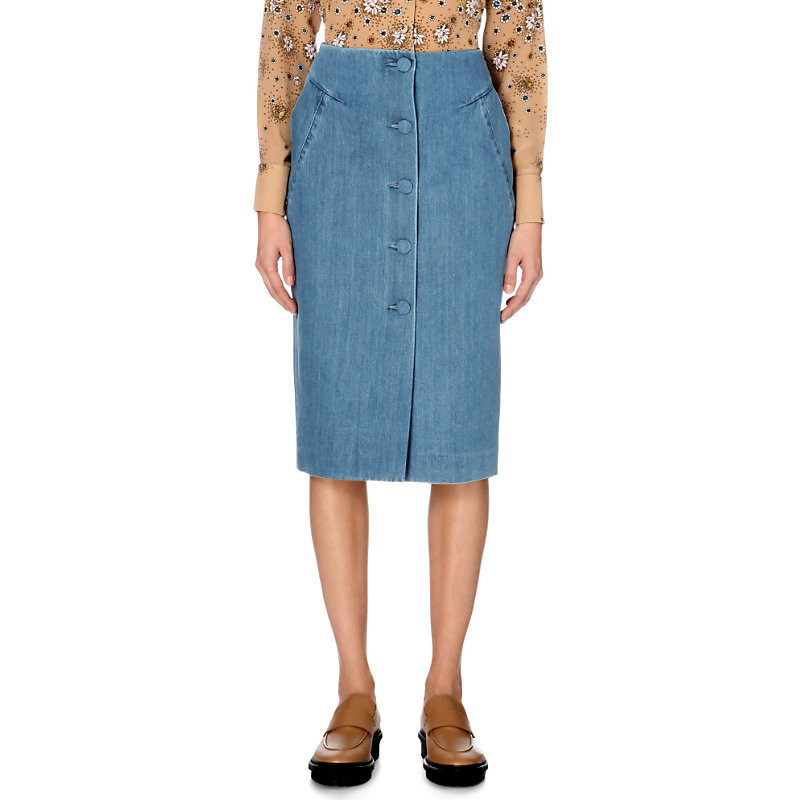Whitcomb Denim Midi Skirt, Women's, Bleach Blue - pattern: plain; style: straight; fit: tailored/fitted; waist: high rise; predominant colour: denim; occasions: casual, creative work; length: on the knee; fibres: cotton - 100%; texture group: denim; pattern type: fabric; season: a/w 2015