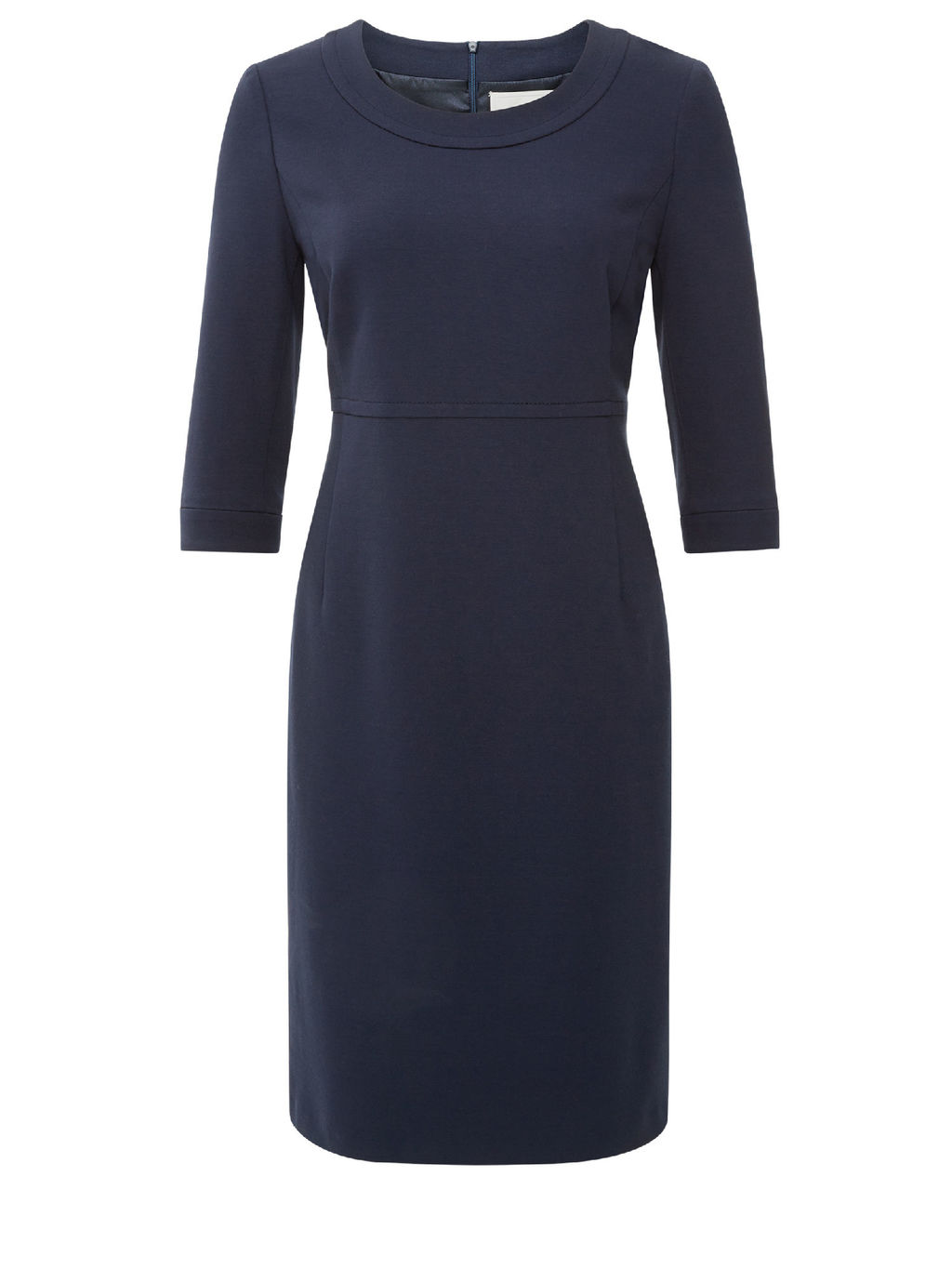 Kensington Navy Dress - style: shift; neckline: round neck; fit: tailored/fitted; pattern: plain; predominant colour: navy; occasions: work, creative work; length: on the knee; fibres: polyester/polyamide - stretch; sleeve length: 3/4 length; sleeve style: standard; pattern type: fabric; texture group: jersey - stretchy/drapey; season: a/w 2015