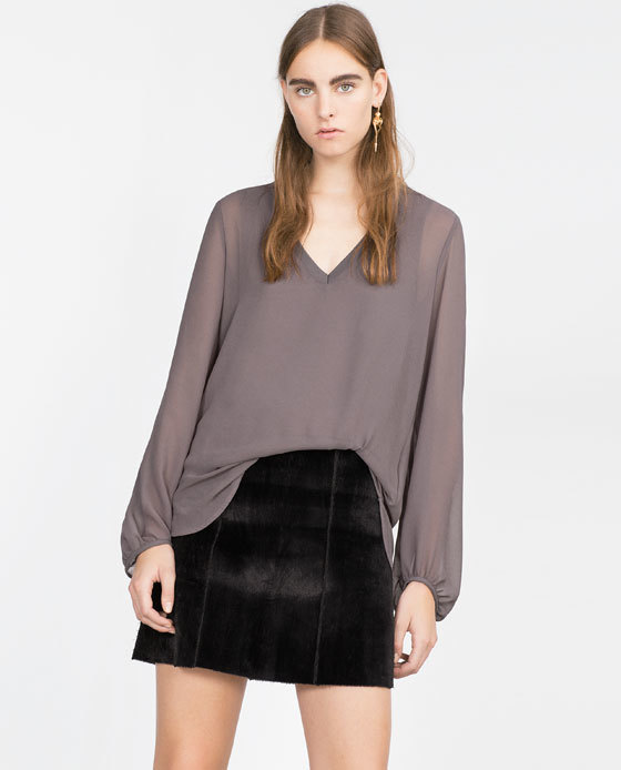 V Neck Top - neckline: v-neck; pattern: plain; sleeve style: balloon; style: blouse; predominant colour: mid grey; occasions: casual, creative work; length: standard; fibres: polyester/polyamide - 100%; fit: loose; sleeve length: long sleeve; texture group: sheer fabrics/chiffon/organza etc.; pattern type: fabric; season: a/w 2015; wardrobe: basic
