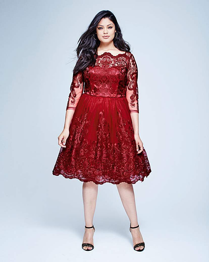 Chi Chi Lace Midi Prom Dress - length: below the knee; style: prom dress; predominant colour: burgundy; occasions: evening, occasion; fit: fitted at waist & bust; fibres: polyester/polyamide - 100%; hip detail: soft pleats at hip/draping at hip/flared at hip; sleeve length: 3/4 length; sleeve style: standard; texture group: sheer fabrics/chiffon/organza etc.; neckline: medium square neck; pattern type: fabric; pattern: patterned/print; embellishment: lace; shoulder detail: sheer at shoulder; season: a/w 2015