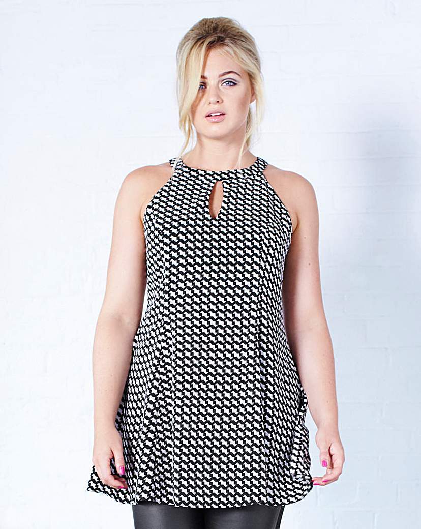 Cut Out Swing Tunic - sleeve style: sleeveless; style: tunic; secondary colour: white; predominant colour: black; occasions: casual, evening; neckline: peep hole neckline; fibres: polyester/polyamide - 100%; fit: loose; length: mid thigh; sleeve length: sleeveless; pattern type: fabric; pattern size: standard; pattern: patterned/print; texture group: jersey - stretchy/drapey; season: a/w 2015