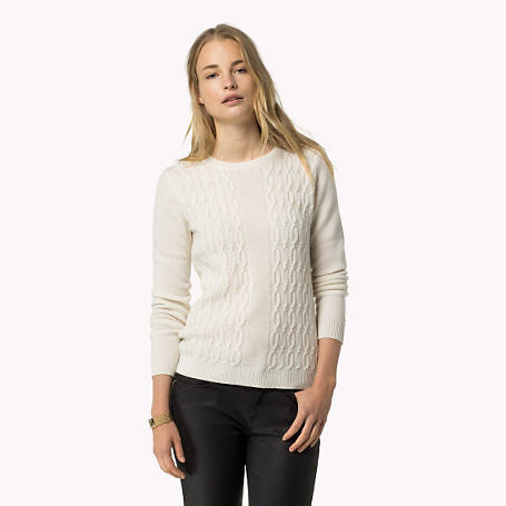 Cashmere Sweater - style: standard; pattern: cable knit; predominant colour: white; occasions: casual; length: standard; fit: slim fit; neckline: crew; fibres: cashmere - 100%; sleeve length: long sleeve; sleeve style: standard; texture group: knits/crochet; pattern type: fabric; pattern size: standard; season: a/w 2015