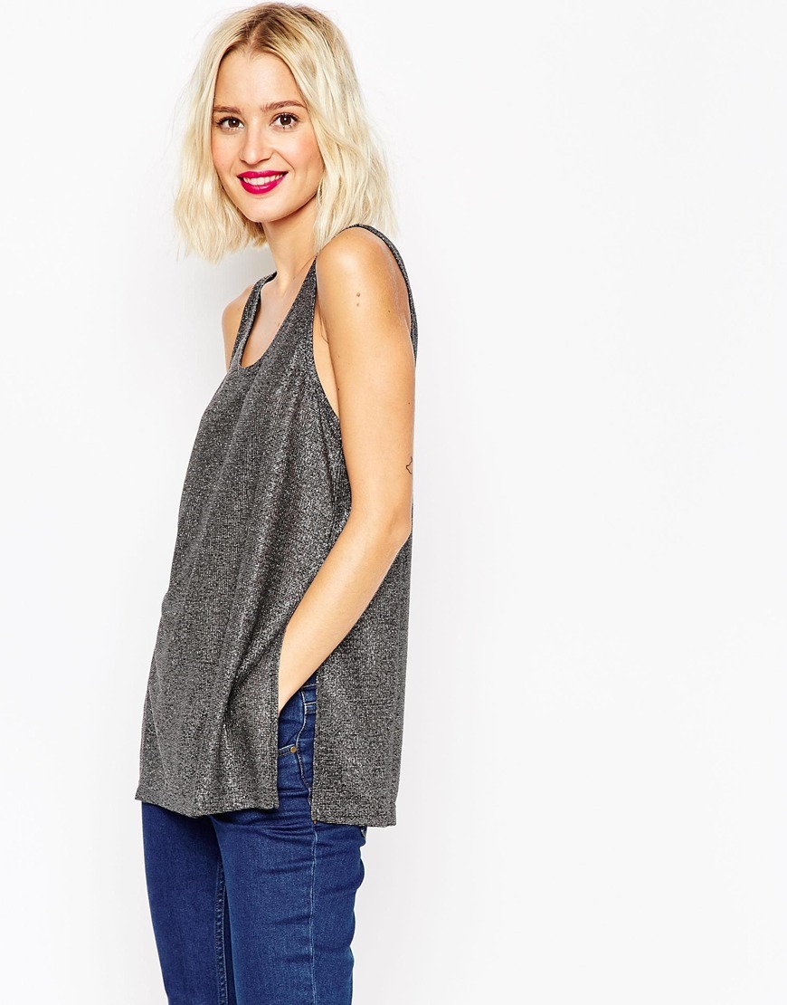 Metallic Vest Black/Silver - sleeve style: standard vest straps/shoulder straps; pattern: plain; length: below the bottom; style: vest top; predominant colour: charcoal; occasions: casual; neckline: scoop; fit: straight cut; sleeve length: sleeveless; pattern type: fabric; texture group: jersey - stretchy/drapey; fibres: viscose/rayon - mix; season: a/w 2015