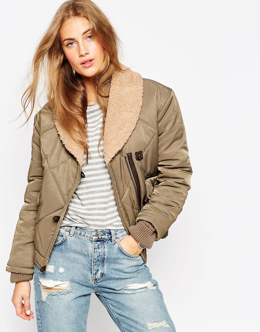 Bomber Jacket With Quilt Detail And Borg Collar Olive - pattern: plain; length: standard; style: quilted; predominant colour: khaki; occasions: casual; fit: straight cut (boxy); fibres: polyester/polyamide - 100%; sleeve length: long sleeve; sleeve style: standard; collar: fur; collar break: medium; pattern type: fabric; texture group: other - bulky/heavy; embellishment: quilted; season: a/w 2015