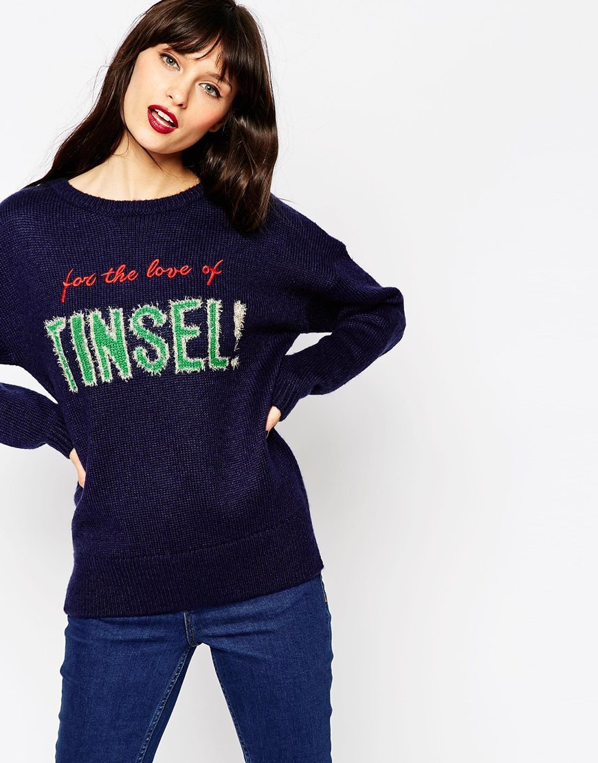 For The Love Of Tinsel Christmas Jumper Navy - style: standard; predominant colour: navy; secondary colour: emerald green; occasions: casual; length: standard; fibres: acrylic - mix; fit: standard fit; neckline: crew; sleeve length: long sleeve; sleeve style: standard; texture group: knits/crochet; pattern type: knitted - big stitch; pattern size: standard; pattern: patterned/print; embellishment: embroidered; trends: christmas jumpers; multicoloured: multicoloured; season: a/w 2015