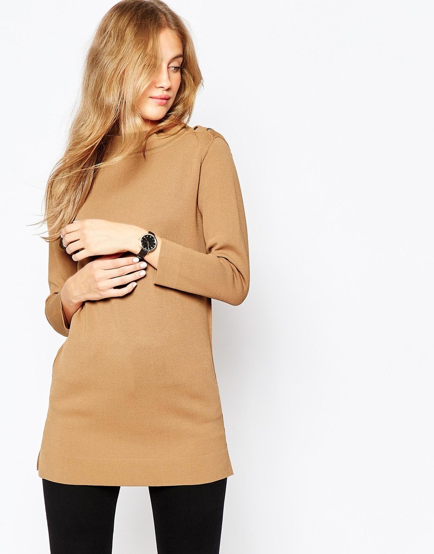 Structured Knit Tunic With Button Up High Neck Tobacco - pattern: plain; neckline: high neck; style: tunic; predominant colour: camel; occasions: casual, creative work; fibres: viscose/rayon - stretch; fit: straight cut; length: mid thigh; sleeve length: long sleeve; sleeve style: standard; pattern type: fabric; texture group: jersey - stretchy/drapey; season: a/w 2015