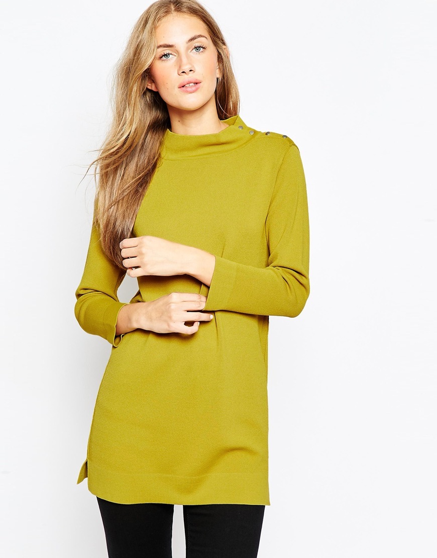 Structured Knit Tunic With Button Up High Neck Chartreuse - pattern: plain; neckline: high neck; style: tunic; predominant colour: lime; occasions: casual, creative work; fit: straight cut; length: mid thigh; sleeve length: long sleeve; sleeve style: standard; pattern type: fabric; texture group: jersey - stretchy/drapey; fibres: viscose/rayon - mix; season: a/w 2015