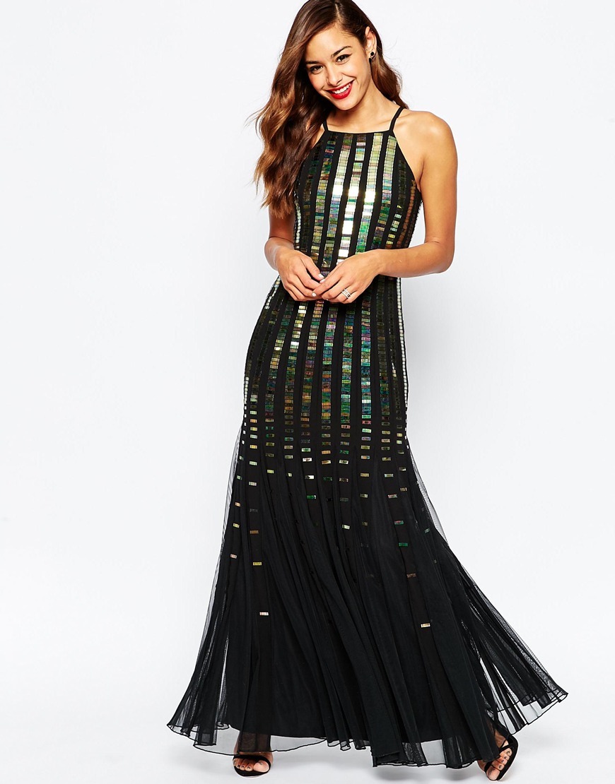 Holographic Strip Fit And Flare Maxi Dress Black - sleeve style: spaghetti straps; style: maxi dress; pattern: striped; back detail: racer back/sports back; secondary colour: champagne; predominant colour: black; occasions: evening; length: floor length; fit: body skimming; fibres: polyester/polyamide - 100%; hip detail: soft pleats at hip/draping at hip/flared at hip; sleeve length: sleeveless; neckline: medium square neck; pattern type: fabric; pattern size: standard; texture group: woven light midweight; multicoloured: multicoloured; season: a/w 2015