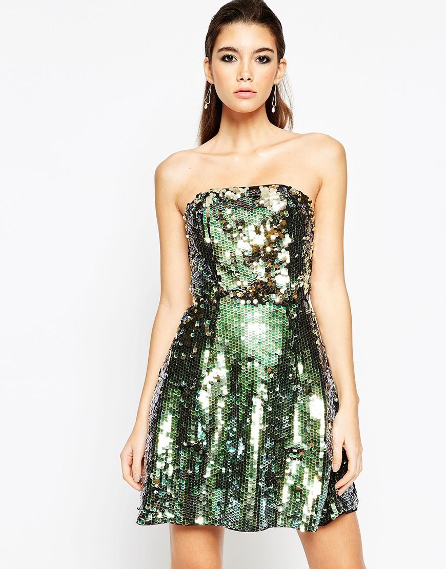 Night Sequin Bandeau Mini Dress Multi - length: mini; neckline: strapless (straight/sweetheart); pattern: plain; style: prom dress; sleeve style: strapless; predominant colour: dark green; occasions: evening; fit: fitted at waist & bust; fibres: polyester/polyamide - 100%; sleeve length: sleeveless; texture group: cotton feel fabrics; pattern type: fabric; embellishment: sequins; season: a/w 2015