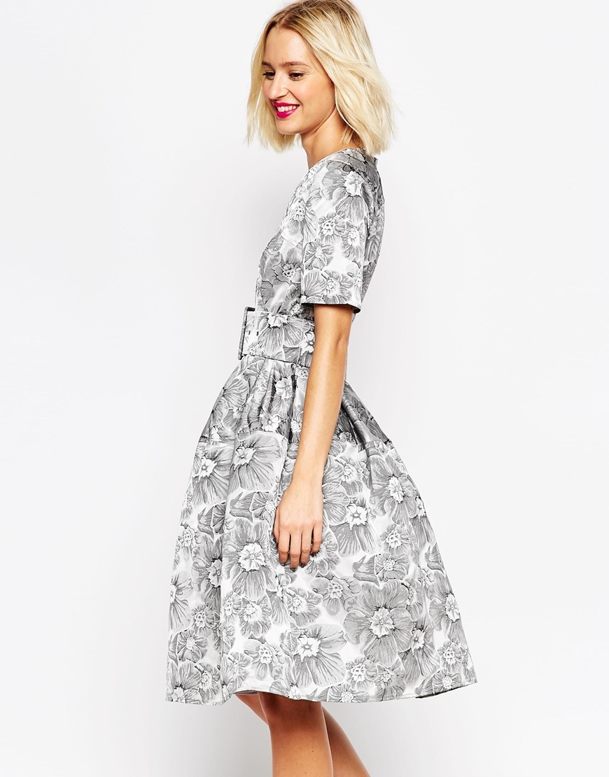 Mono Floral Jacquard Belted Midi Prom Dress Mono - length: below the knee; style: prom dress; waist detail: belted waist/tie at waist/drawstring; secondary colour: white; predominant colour: silver; fit: fitted at waist & bust; fibres: polyester/polyamide - 100%; occasions: occasion; neckline: crew; sleeve length: half sleeve; sleeve style: standard; pattern type: fabric; pattern size: standard; pattern: florals; texture group: brocade/jacquard; multicoloured: multicoloured; season: a/w 2015
