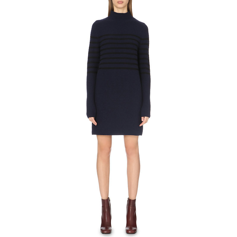 Broadwick Knitted Dress, Women's, Size: Xs, Blue/Black Stripe - style: jumper dress; length: mid thigh; pattern: horizontal stripes; neckline: high neck; predominant colour: navy; secondary colour: black; occasions: casual; fit: body skimming; fibres: wool - mix; sleeve length: long sleeve; sleeve style: standard; texture group: knits/crochet; pattern type: knitted - other; pattern size: standard; season: a/w 2015
