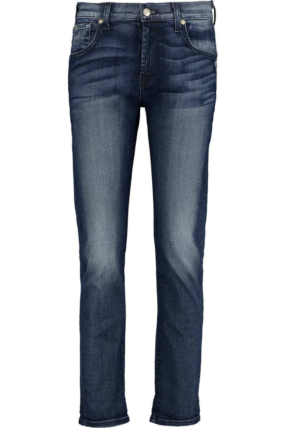 Low Rise Skinny Jeans Mid Denim - pattern: plain; waist: low rise; pocket detail: traditional 5 pocket; style: slim leg; predominant colour: navy; secondary colour: denim; occasions: casual; length: ankle length; fibres: cotton - stretch; jeans detail: whiskering, shading down centre of thigh, dark wash; texture group: denim; pattern type: fabric; season: a/w 2015