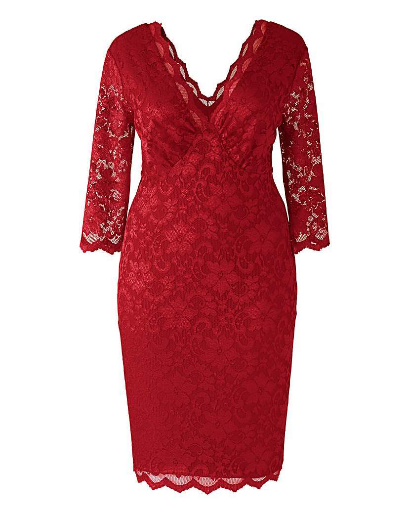 Lipstick Boutique Lace Midi Dress - style: shift; neckline: low v-neck; fit: tight; predominant colour: true red; length: on the knee; occasions: occasion; sleeve length: 3/4 length; sleeve style: standard; texture group: lace; pattern type: fabric; pattern size: standard; pattern: patterned/print; season: a/w 2015