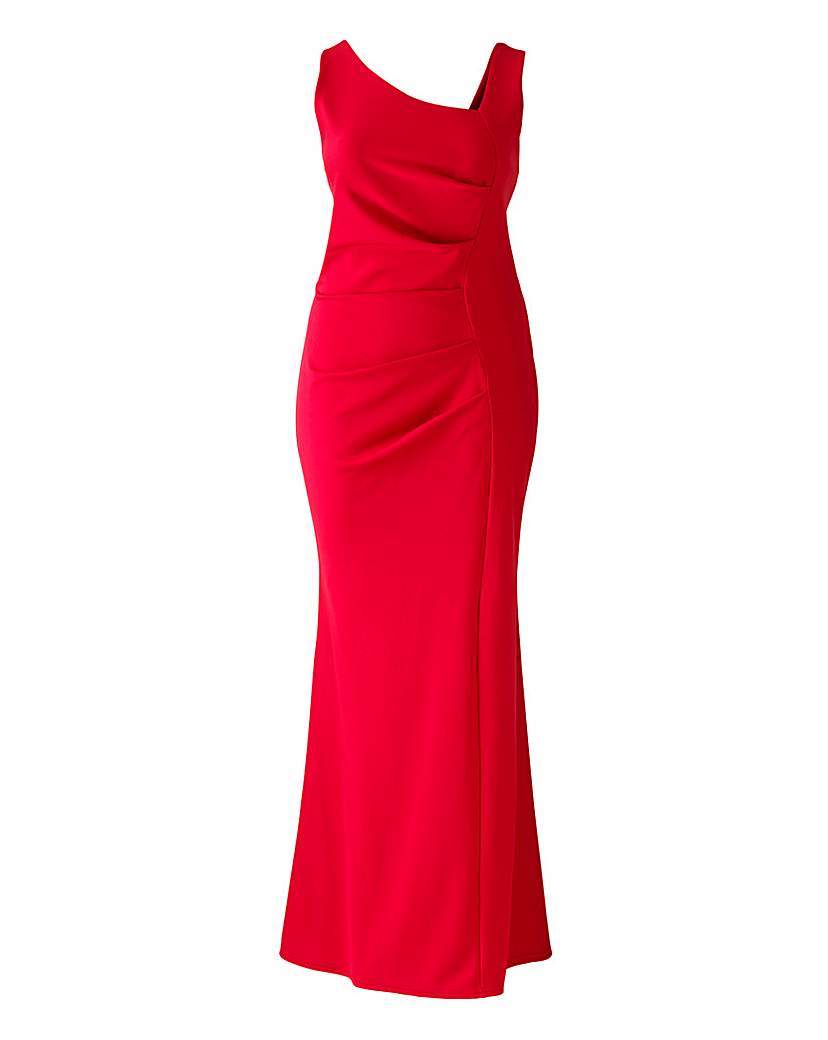 Lipstick Boutique Side Ruffle Maxi Dress - pattern: plain; sleeve style: sleeveless; style: maxi dress; neckline: asymmetric; predominant colour: true red; length: floor length; fit: body skimming; occasions: occasion; sleeve length: sleeveless; pattern type: fabric; texture group: other - light to midweight; season: a/w 2015