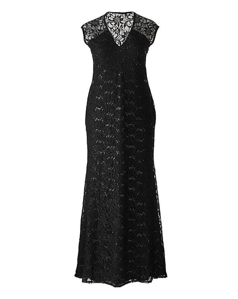 Lipstick Boutique Sequin Lace Maxi Dress - neckline: low v-neck; sleeve style: sleeveless; style: maxi dress; predominant colour: black; occasions: evening; length: floor length; fit: body skimming; hip detail: soft pleats at hip/draping at hip/flared at hip; sleeve length: sleeveless; texture group: lace; pattern type: fabric; pattern size: standard; pattern: patterned/print; season: a/w 2015