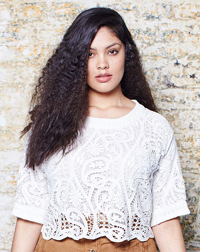 Lace Front Knitted Top - length: cropped; predominant colour: white; occasions: casual; style: top; fibres: polyester/polyamide - 100%; fit: straight cut; neckline: crew; sleeve length: short sleeve; sleeve style: standard; texture group: lace; pattern type: fabric; pattern size: standard; pattern: patterned/print; season: a/w 2015