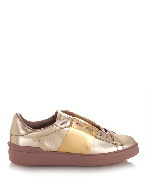 Two Tone Metallic Low Top Leather Trainers - secondary colour: taupe; predominant colour: gold; occasions: casual; material: leather; heel height: flat; toe: round toe; style: trainers; finish: metallic; pattern: plain; shoe detail: moulded soul; season: a/w 2015