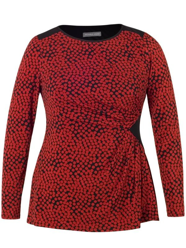 Red Print Jersey Top With Assymetrical Waist Detail - neckline: round neck; pattern: plain; waist detail: twist front waist detail/nipped in at waist on one side/soft pleats/draping/ruching/gathering waist detail; predominant colour: true red; occasions: work, creative work; length: standard; style: top; fibres: polyester/polyamide - mix; fit: tailored/fitted; sleeve length: long sleeve; sleeve style: standard; pattern type: fabric; texture group: jersey - stretchy/drapey; pattern size: big & busy (top); season: a/w 2015