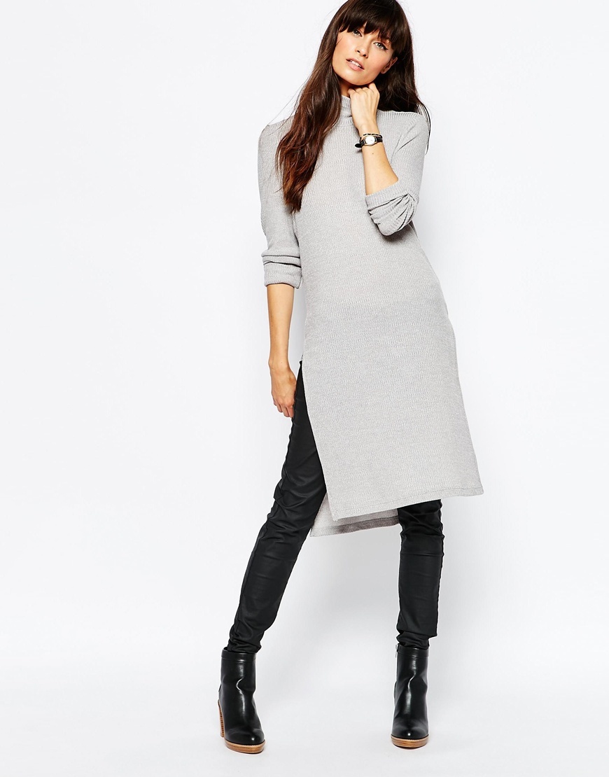 High Neck Side Split Tunic Top Grey - pattern: plain; neckline: high neck; style: tunic; predominant colour: light grey; occasions: casual, creative work; fibres: polyester/polyamide - mix; fit: body skimming; length: mid thigh; hip detail: slits at hip; sleeve length: long sleeve; sleeve style: standard; pattern type: fabric; texture group: other - light to midweight; season: a/w 2015