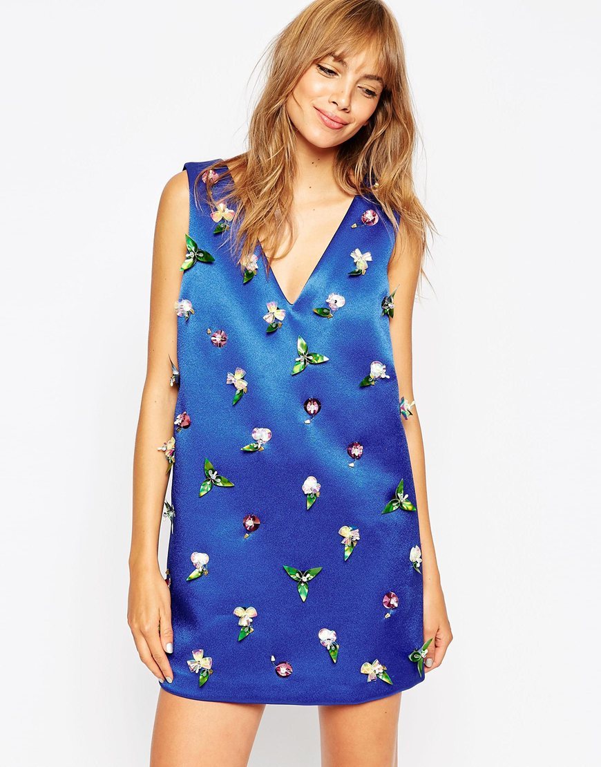 A V Robertson For V Neck Mini Shift Dress With Embellished Detail Blue - style: shift; length: mini; neckline: low v-neck; pattern: plain; sleeve style: sleeveless; secondary colour: blush; predominant colour: royal blue; occasions: evening; fit: straight cut; fibres: polyester/polyamide - 100%; sleeve length: sleeveless; texture group: structured shiny - satin/tafetta/silk etc.; pattern type: fabric; embellishment: applique; season: a/w 2015