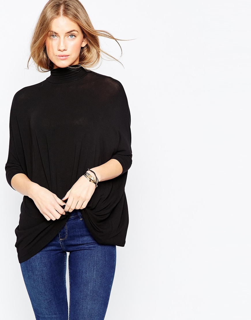 Asymmetric Hanky Hem With High Neck Black - pattern: plain; length: below the bottom; neckline: roll neck; predominant colour: black; occasions: casual, creative work; style: top; fibres: viscose/rayon - stretch; fit: loose; sleeve length: long sleeve; sleeve style: standard; pattern type: fabric; texture group: jersey - stretchy/drapey; season: a/w 2015