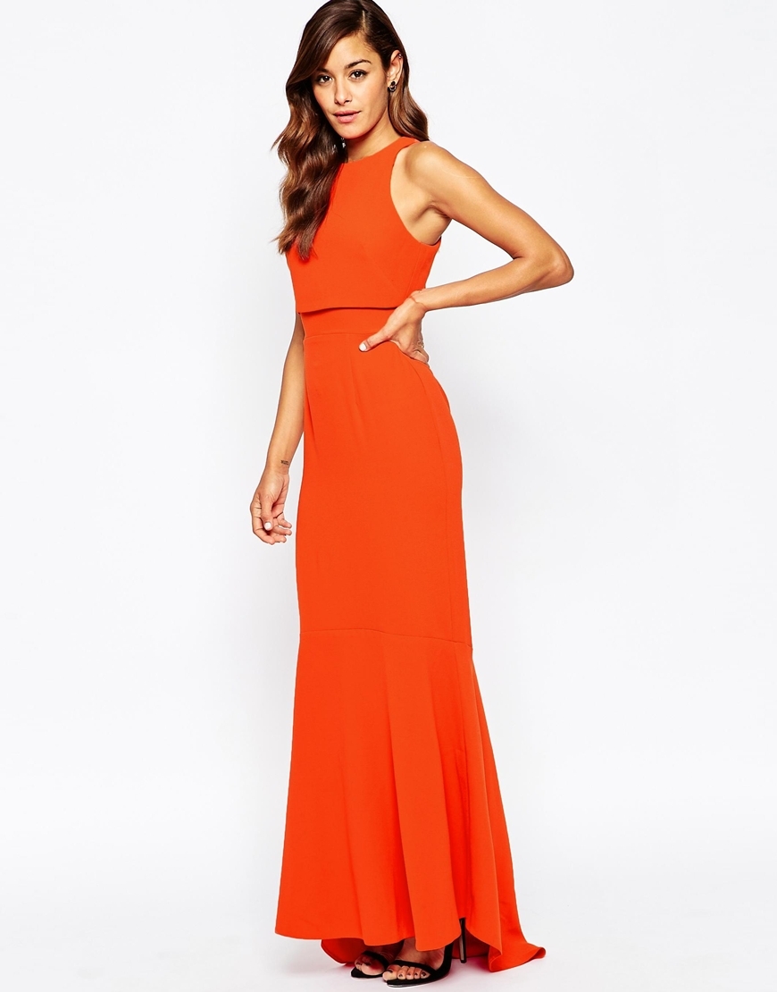 Crop Top Fishtail Maxi Dress Rust - pattern: plain; sleeve style: sleeveless; style: maxi dress; length: ankle length; predominant colour: bright orange; occasions: evening; fit: body skimming; fibres: polyester/polyamide - stretch; neckline: crew; hip detail: soft pleats at hip/draping at hip/flared at hip; sleeve length: sleeveless; pattern type: fabric; texture group: other - light to midweight; season: a/w 2015