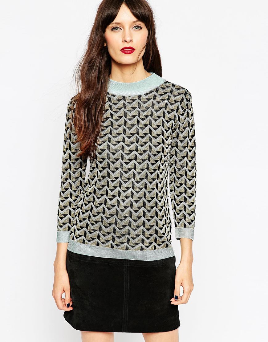 Jumper In Metallic Pattern Multi - style: standard; secondary colour: pale blue; predominant colour: black; occasions: casual, work, creative work; length: standard; fibres: polyester/polyamide - mix; fit: standard fit; neckline: crew; bust detail: contrast pattern/fabric/detail at bust; sleeve length: 3/4 length; sleeve style: standard; texture group: knits/crochet; pattern type: knitted - fine stitch; pattern: patterned/print; pattern size: big & busy (top); multicoloured: multicoloured; season: a/w 2015