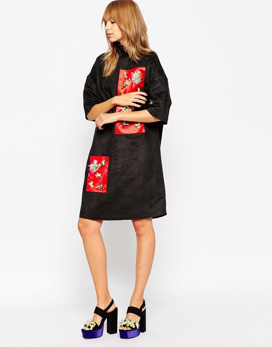 A V Robertson For Funnel Neck Dress With Embellished Panel Black - style: tunic; sleeve style: dolman/batwing; fit: loose; neckline: high neck; secondary colour: true red; predominant colour: black; occasions: evening; length: just above the knee; fibres: polyester/polyamide - 100%; sleeve length: half sleeve; pattern type: fabric; pattern size: standard; pattern: colourblock; texture group: suede; embellishment: jewels/stone; season: a/w 2015