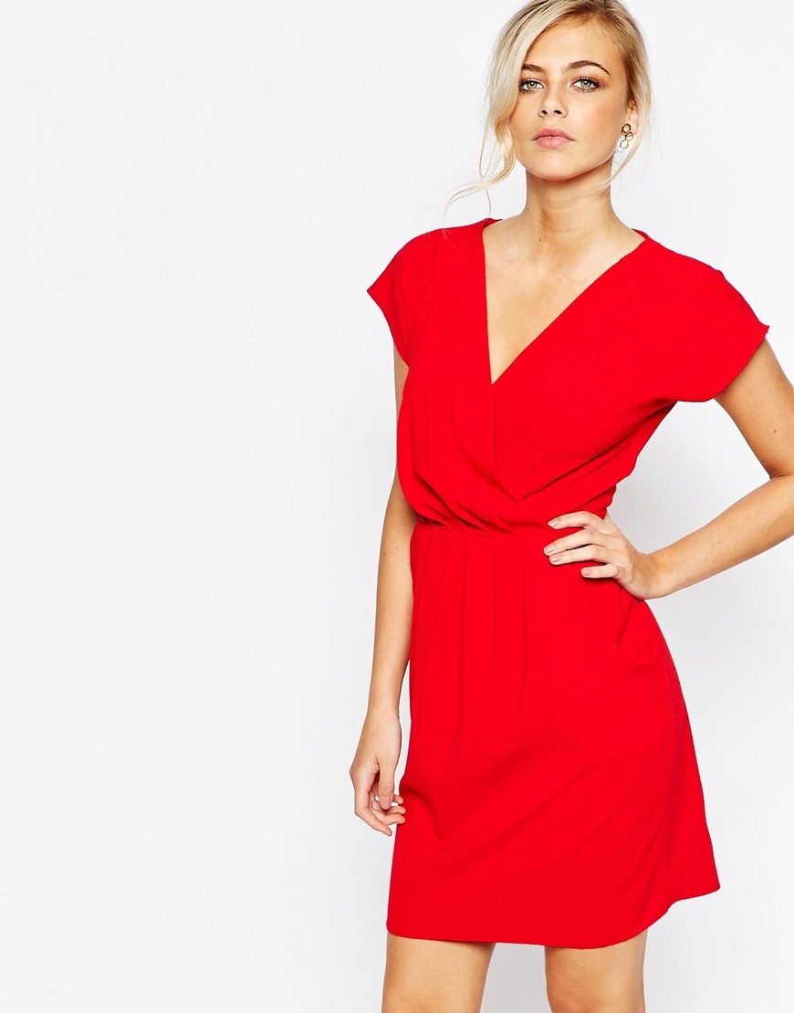 Closet 2 In 1 Wrap Front Pleated Pencil Dress Red - style: shift; length: mid thigh; neckline: low v-neck; fit: fitted at waist; pattern: plain; predominant colour: true red; occasions: evening; fibres: polyester/polyamide - stretch; sleeve length: short sleeve; sleeve style: standard; pattern type: fabric; texture group: woven light midweight; season: a/w 2015