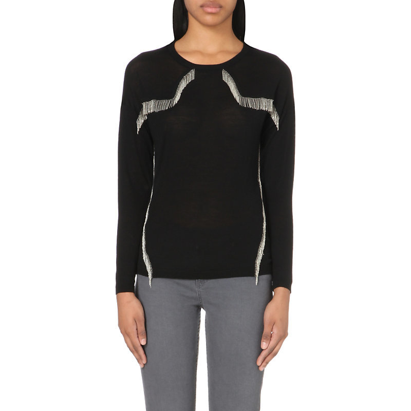 Manhattan Fringe Detail Wool Jumper, Women's, Size: Medium, Black - neckline: round neck; pattern: plain; style: standard; predominant colour: black; occasions: casual, work, creative work; length: standard; fibres: wool - 100%; fit: slim fit; sleeve length: long sleeve; sleeve style: standard; texture group: knits/crochet; pattern type: knitted - fine stitch; season: a/w 2015