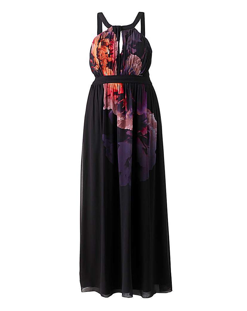 Little Mistress Keyhole Maxi Dress - sleeve style: standard vest straps/shoulder straps; fit: empire; style: maxi dress; bust detail: added detail/embellishment at bust; neckline: low halter neck; back detail: low cut/open back; secondary colour: bright orange; predominant colour: black; length: floor length; fibres: polyester/polyamide - 100%; occasions: occasion; sleeve length: sleeveless; texture group: sheer fabrics/chiffon/organza etc.; pattern type: fabric; pattern size: standard; pattern: florals; multicoloured: multicoloured; season: a/w 2015