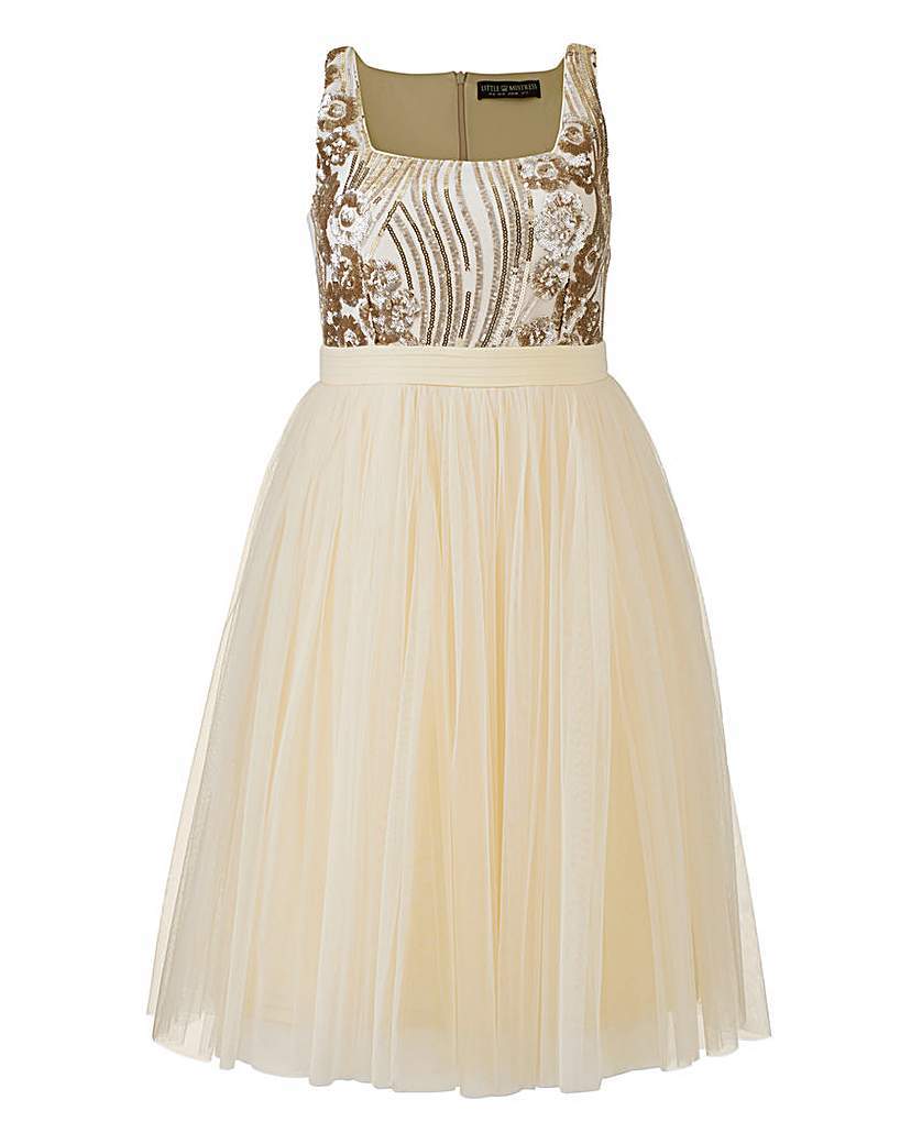 Little Mistress Prom Dress - sleeve style: standard vest straps/shoulder straps; pattern: plain; style: prom dress; predominant colour: ivory/cream; secondary colour: gold; length: on the knee; fit: fitted at waist & bust; fibres: polyester/polyamide - 100%; occasions: occasion; sleeve length: sleeveless; neckline: medium square neck; pattern type: fabric; texture group: net/tulle; embellishment: sequins; season: a/w 2015