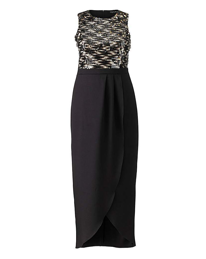 Little Mistress Wrap Skirt Maxi Dress - sleeve style: sleeveless; style: maxi dress; length: ankle length; bust detail: added detail/embellishment at bust; secondary colour: gold; predominant colour: black; fit: fitted at waist & bust; fibres: polyester/polyamide - 100%; occasions: occasion; neckline: crew; hip detail: slits at hip; sleeve length: sleeveless; trends: monochrome; pattern type: fabric; pattern size: standard; pattern: patterned/print; texture group: woven light midweight; embellishment: sequins; season: a/w 2015