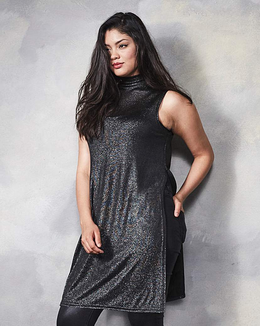 Ax Paris Metallic Side Split Top - pattern: plain; sleeve style: sleeveless; neckline: high neck; predominant colour: charcoal; occasions: casual, creative work; style: top; fit: body skimming; length: mid thigh; hip detail: slits at hip; sleeve length: sleeveless; pattern type: fabric; texture group: jersey - stretchy/drapey; season: a/w 2015
